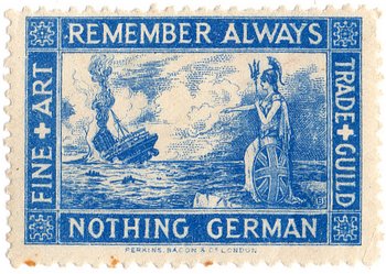Der Untergang der Lusitania 1915 auf einer Propaganda-Briefmarke. Foto: Wikimedia 