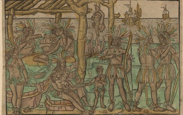 Völker in Brasilien auf einem Flugblatt. Unbekannter Künstler, um 1503. Bayerische Staatsbibliothek München. Völker in Brasilien auf einem Flugblatt. Unbekannter Künstler, um 1503. Bayerische Staatsbibliothek München.