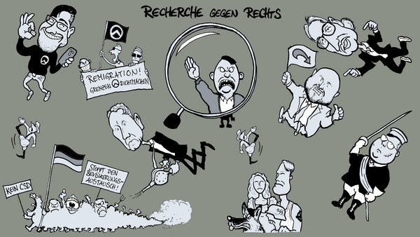 Schauen, wo die Rechten sind: Titelmotiv der Kontext-Reihe "Recherche gegen Rechts". Karikatur: Oliver Stenzel
