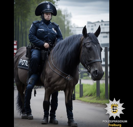 Pferd mit fünf Stiefeln, drei Nüstern, Null Zügel, ... – ein Suchbild. Screenshot: Polizei Freiburg