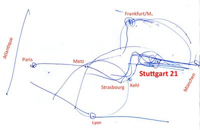 Von Paris nach Bratislava via Stuttgart 21: Originalskizze Oettinger (Erläuterungen (rot) durch Redaktion)