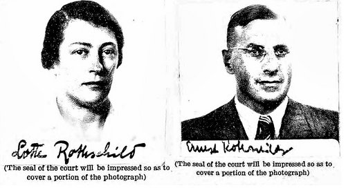 Links: Lotte Rothschild, die Tochter von Julius Marx, nach der Flucht 1937 – aus ihrer Einbürgerungsurkunde der USA. Rechts: Ernst Rothschild war der Schwiegersohn von Julius Marx. Er leitete als Inhaber von 1925 bis 1937 das Kaufhaus. Fotos: ancestry.com