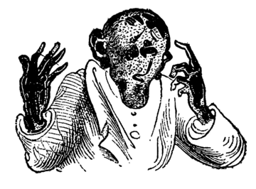 Sieht ungesund aus: Lehrer Lämpel nach der Pfeifen-Explosion. Zeichnung von Wilhelm Busch