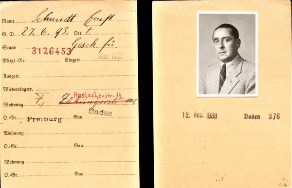 1. Mai 1933 – dieses Datum des Parteieintritts von Ernst Schmidt ist mit Stempel in seiner Mitgliedskarte in der Gaukartei Baden der NSDAP festgehalten, die im Bundesarchiv erhalten ist. Kurz vor ihm ist der Philosoph Martin Heidegger der NSDAP beigetre 1. Mai 1933 – dieses Datum des Parteieintritts von Ernst Schmidt ist mit Stempel in seiner Mitgliedskarte in der Gaukartei Baden der NSDAP festgehalten, die im Bundesarchiv erhalten ist. Kurz vor ihm ist der Philosoph Martin Heidegger der NSDAP beigetreten. Foto: Bundesarchiv, Signatur R 9361-IX , Gaukartei Kasten 3801, Karte 170