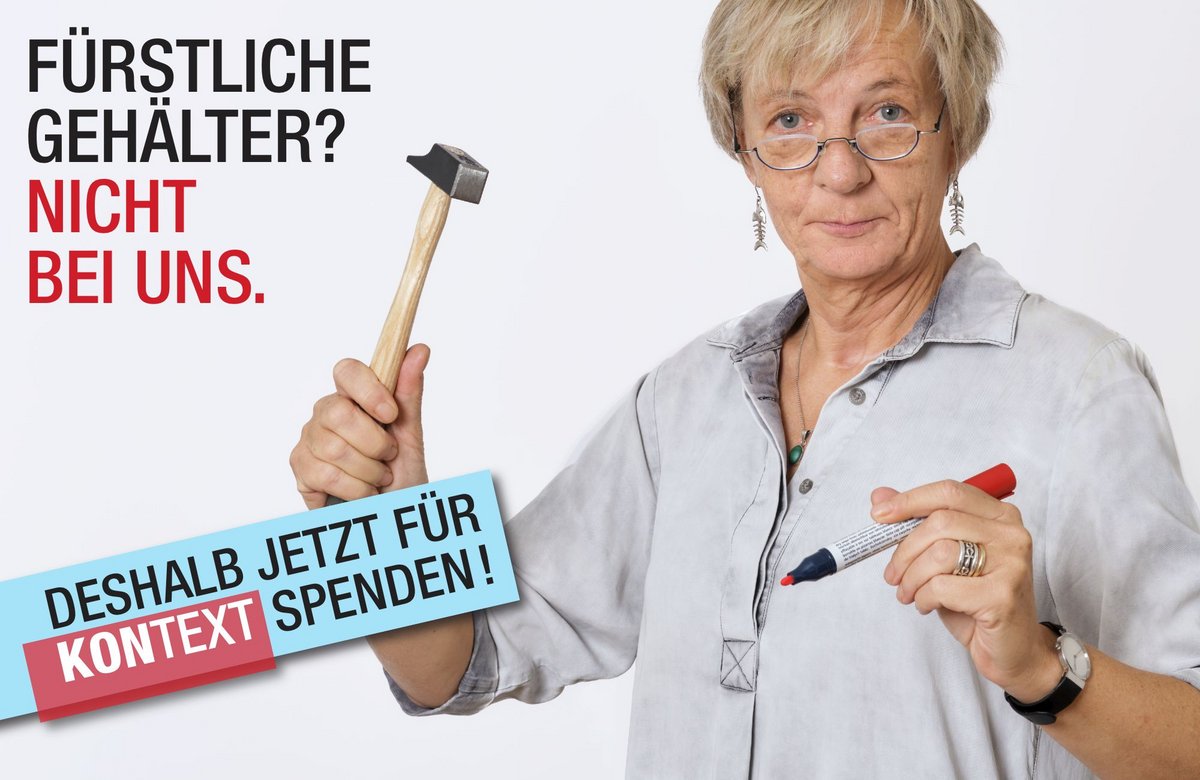 Kontextredakteurin Gesa von Leesen mit Stift statt Sichel. Foto: Joachim E. Röttgers, Grafik: Susanne Wais 