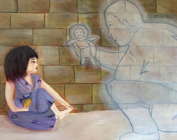 "Ich habe ein Kind gemalt, das in seinen Träumen den Vater sieht, der liebevoll Spielzeug bringt und es mit einem Lächeln streichelt. Doch beim Erwachen trifft es die bittere Realität: Kriege und Gewalt haben den Vater genommen."