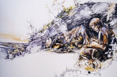 Schräges Bild: Steinzeitfrauen beim Kochen, Holz holen und mit Kind.