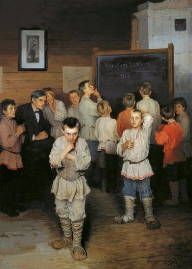 Da hofft man auf Ordnung in der Knabenklasse – und dann guckt nur eine Minderheit in Richtung Tafel. Gemälde: Nikolai Bogdanov-Belsky (1895).  Da hofft man auf Ordnung in der Knabenklasse – und dann guckt nur eine Minderheit in Richtung Tafel. Gemälde: Nikolai Bogdanov-Belsky (1895).