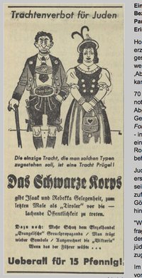 Der "Völkische Beobachter" fordert Trachtenverbot für Juden. Screenshot