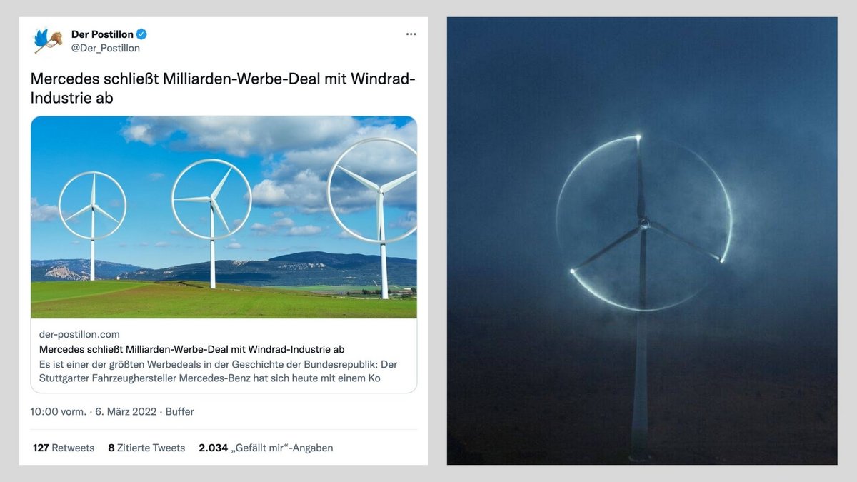 Beim grünen Wachstum sind Satire und Realität oft schwer zu unterscheiden. Links: ein Postillon-Artikel (vom 16.3.2021, Screenshot: Twitter). Rechts: eine Lichtinstallation als PR-Gag zu Daimlers Umstellung auf Ökostrom (vom 26.3.2021, Foto: Mercedes Benz).