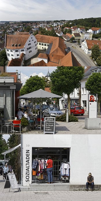 Aulendorfer Stadtansichten: Schloss, Flanierstraße, Sozialladen.