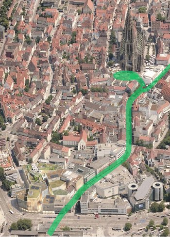 Shoppen vom Bahnsteig bis zur Beichte: Ulms grüne Einkaufsmeile. Luftbild: IHK Ulm