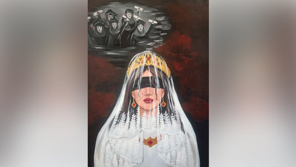 "Dieses Werk zeigt ein Mädchen, das durch Zwangs- und Frühverheiratung ihre Bildung aufgeben musste und ihrer Zukunft beraubt wurde."