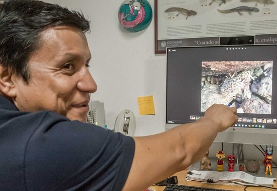 José Ocampo mit Varianten der Spezies auf und neben dem Bildschirm.