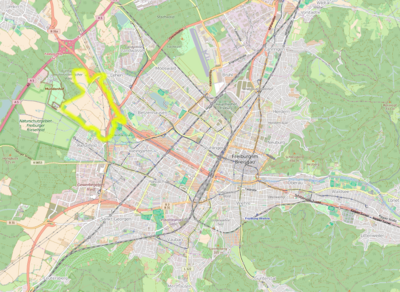 Viel Platz für neuen Wohnraum: das Gebiet Dietenbach im Freiburger Westen. Quellen: OpenStreetMap, Stadt Freiburg