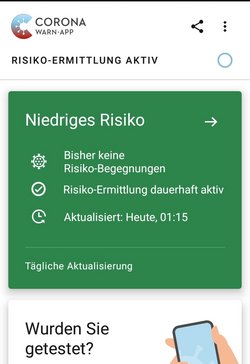 Meistens zeigt die Corona-App "keine Risiko-Begegnungen" an. Screenshot: privat Meistens zeigt die Corona-App "keine Risiko-Begegnungen" an. Screenshot: privat