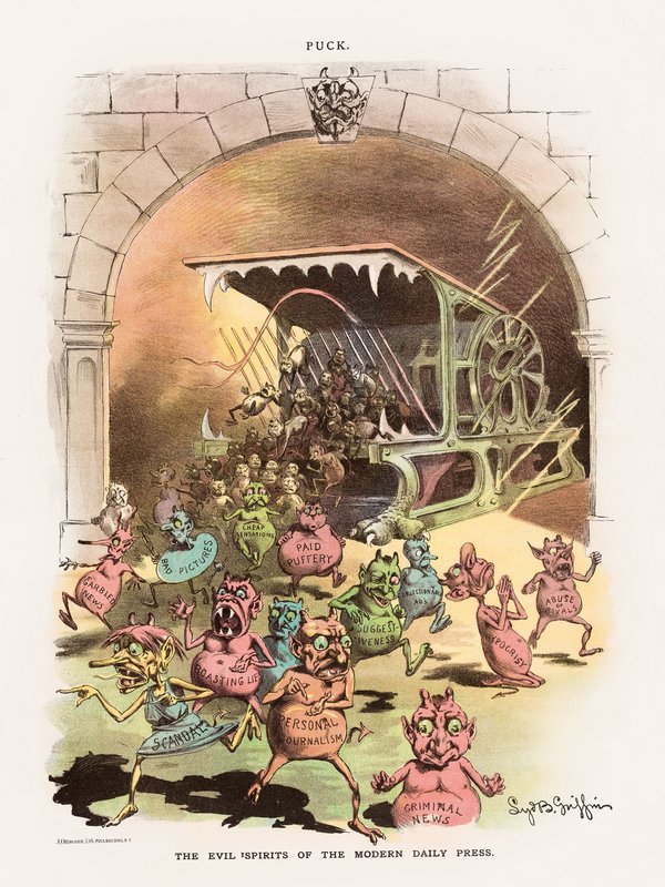 "Die bösen Geister der modernen Tagespresse" in der Karikatur von Syd B. Griffin und J. Ottmann wirken noch heute recht vertraut. Erschienen am 21. November 1888 in dem New Yorker Satiremagazin "Puck".