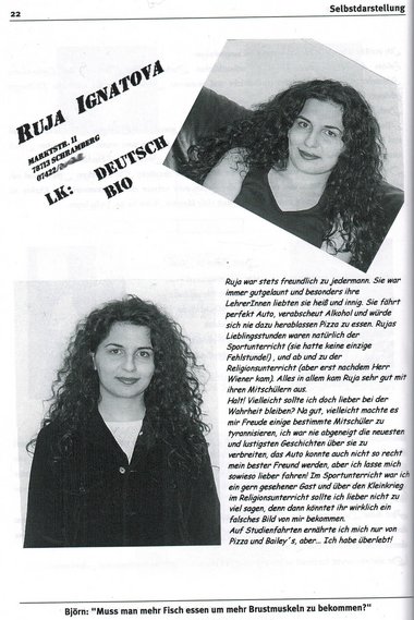 Selbstdarstellung im Buch der AbiturientInnen 1999. Foto: Martin Himmelheber Selbstdarstellung im Buch der AbiturientInnen 1999. Foto: Martin Himmelheber