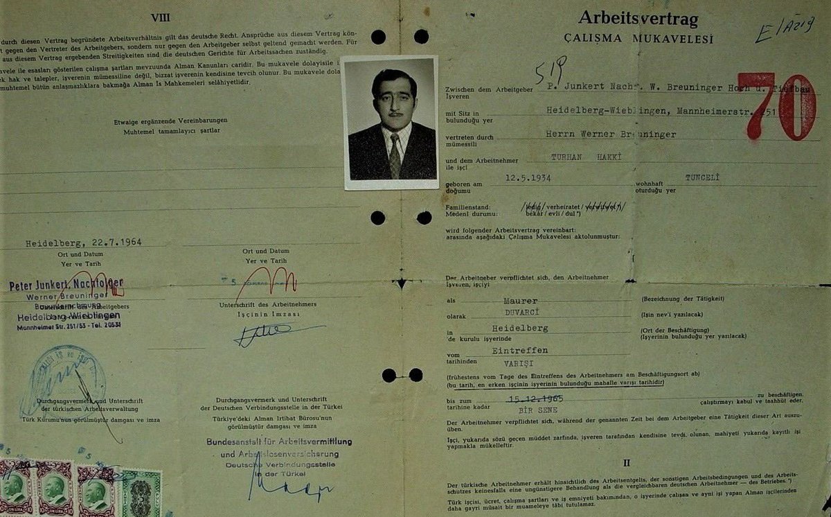Erfolgreich angeworben – Arbeitsvertrag, 1964 vermittelt von der Verbindungsstelle einer deutschen Bundesanstalt in der Türkei.