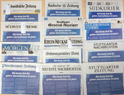 Überall die gleiche Titelseite: Mit dieser Kampagne werben Verleger für guten Journalismus. Foto: Bernd Weissbrod/dpa