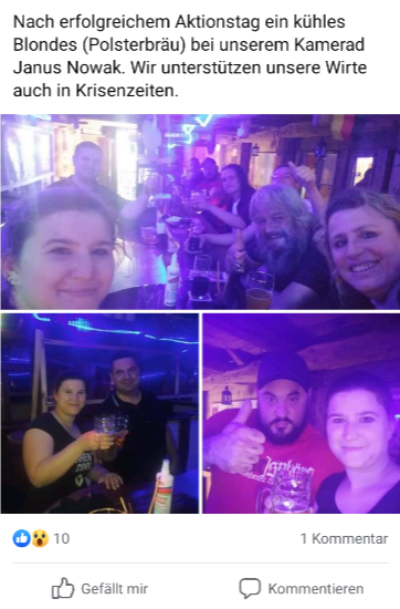Oben: Marina Djonovic links, hinterm Tresen Janus Nowak, Andreas Ziegler mit Bart. Screenshot: Facebook