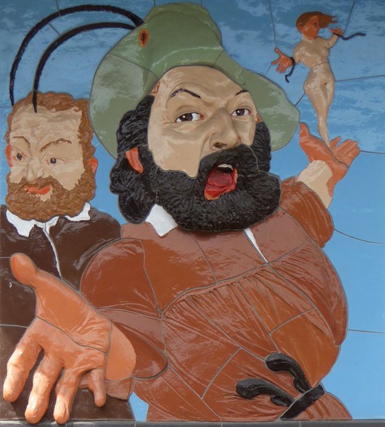 Historisch korrekt wäre der Bart blond: Hecker in Johannes Grützkes Majolikarelief "Morgen brechen wir auf". Foto: Renaldo la vulpo/Wikimedia, <a rel="nofollow" class="external text" href="https://commons.wikimedia.org/w/index.php?curid=70758553" title=" target="_blank" class="external-link-new-window">Link</a>