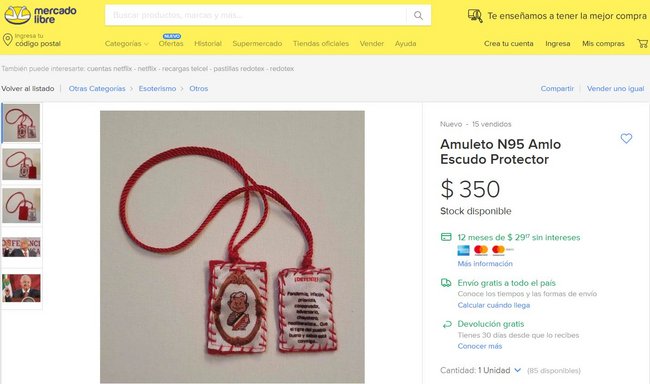 Amulette gegen die Pandemie. Screenshot: mercadolibre.com.mx