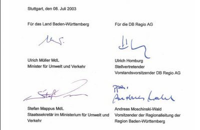 Besiegelten sprudelnde Einnahmen für die Bahn: die Unterzeichner des großen Verkehrsvertrags.