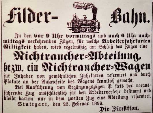 Bereits 1899 ein Thema: die Filderbahn, damals noch mit zu reservierender Nichtraucher-Abteilung.