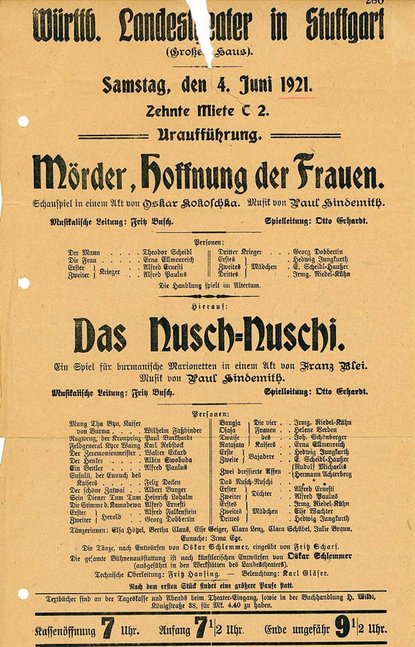 Programmzettel zur Uraufführung von Hindemiths Opern-Einakter in Stuttgart. Foto: Fondation Hindemith