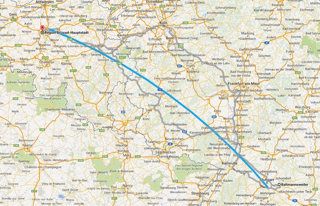 500 Kilometer Luftlinie zwischen B & B. Screenshot: Google Maps