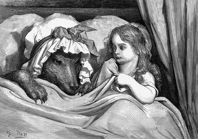 "Großmutter, warum hast du so große Zähne?" Das Rotkäppchen ist anfangs noch arglos. Bild: Gustave Doré/Wikimedia