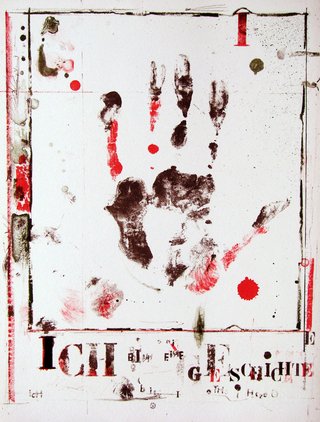 Lithografie von Armin Sandig zu Heißenbüttels Text "roman" (1961).