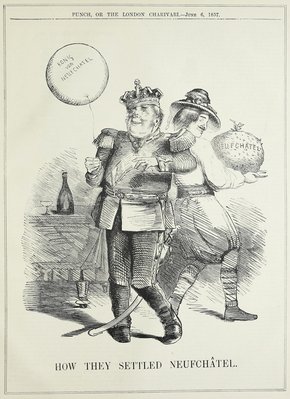 Friedrich "King Clicquot" Wilhelm bekommt einen wertlosen Titel, die Eidgenossen den großen Pudding. Karikatur: "Punch", 1857