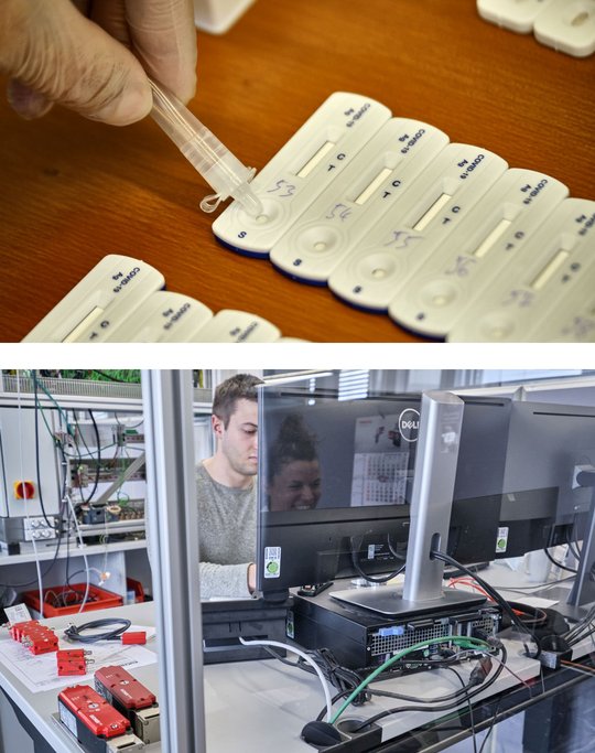 Negativ. Ab an den Arbeitsplatz, ein Lächeln auf dem Coronaschutzglas. Negativ. Ab an den Arbeitsplatz, ein Lächeln auf dem Coronaschutzglas.