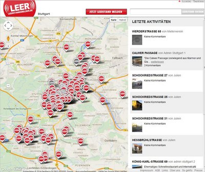Die Seite www.leerstandsmelder.de dokumentiert den verkümmerten Stuttgarter Wohnungsmarkt. Screenshot: www.leerstandsmelder.de