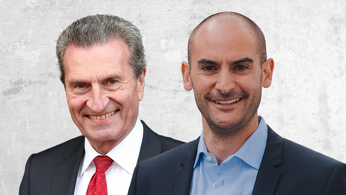 Auf dem Podium: Günther Oettinger (links) und Danyal Bayaz im Streitgespräch. Fotos: Henrik Klatte, Florian Freundt, Montage: taz