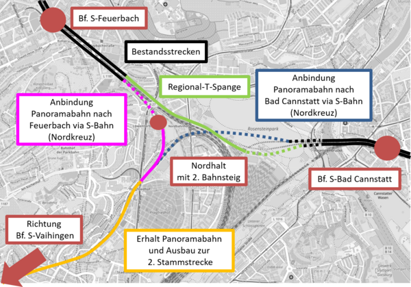 Mögliche Verlängerungen der Panoramabahn Richtung Feuerbach und S-Bad-Cannstatt. Grafik: Verkehrsministerium BW