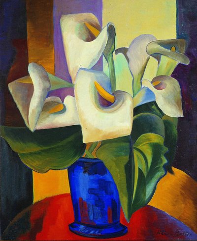 Hanna Bekker: Weiße Kalla in blauer Vase, ca. 1948, Stadtmuseum Hofheim am Taunus. <a href="https://commons.wikimedia.org/wiki/File:Hanna_Bekker-Wei%C3%9Fe_Kalla.jpg">Hanna Bekker</a>, <a href="https://creativecommons.org/licenses/by-sa/3.0">CC BY-SA 3.0 Hanna Bekker: Weiße Kalla in blauer Vase, ca. 1948, Stadtmuseum Hofheim am Taunus. <a href="https://commons.wikimedia.org/wiki/File:Hanna_Bekker-Wei%C3%9Fe_Kalla.jpg">Hanna Bekker</a>, <a href="https://creativecommons.org/licenses/by-sa/3.0">CC BY-SA 3.0</a>, via Wikimedia Commons