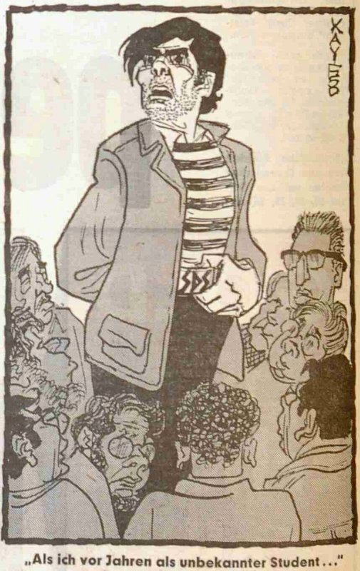 Und so findet sich auch Rudi Dutschke in der B.Z. vom 15. Februar 1968 in Hitler-Pose wieder. Damit kein Zweifel aufkommt, hat Karikaturist Paul Labowsky ihm neben typischer Körperhaltung und einem leicht verfremdeten Zitat noch mit SS-Runen "SDS" auf den Gürtel geschrieben.