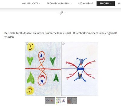 Schülerkunst im eindeutigen Vergleich: Links unter Halogen, rechts unter LED. Screenshot Lichtfragen.info Schülerkunst im eindeutigen Vergleich: Links unter Halogen, rechts unter LED. Screenshot Lichtfragen.info