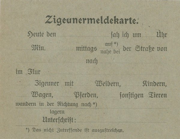 Aufruf zur Denunziation: "Zigeunermeldekarte" aus dem Kaiserreich. Foto: Staatsarchiv Ludwigsburg, STAL FL 20/10 Bü 145