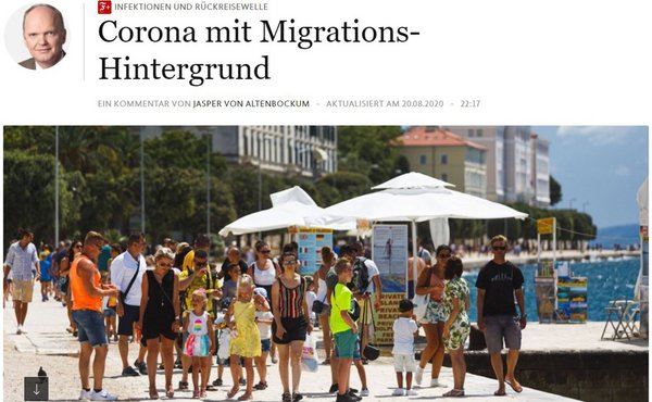 So heiß wie an der Adria: die Debatte um Corona-Hintergründe. Screenshot So heiß wie an der Adria: die Debatte um Corona-Hintergründe. Screenshot: <a rel="nofollow" class="external text" href="https://www.faz.net/aktuell/politik/inland/infektion-und-rueckreise-welle-corona-mit-migrationshintergrund-16913845.html" target="_blank" class="external-link-new-window">www.faz.net</a>