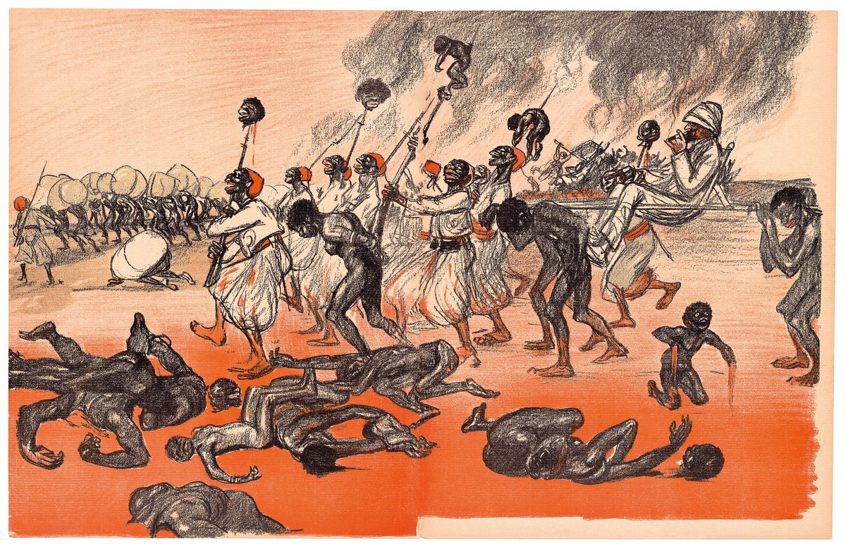 Aus Anlass von Victor Hugos 100. Geburtstag entwirft der französische Karikaturist Théophile Steinlen in "Hugo's Vision" eine blutgetränkte Kolonialszene, anspielend auf die Gräuel Belgiens im Kongo ("L'Assiette au Beurre", 26.2.1902).