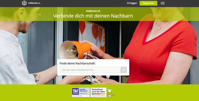 Angebote und Dienstleistungen von nebenan, und Live-Kontakte dazu. Screenshot: www.nebenan.de