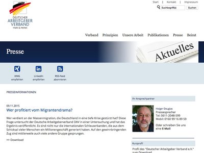 Gegen Energiewende und Flüchtlinge: Homepage des Deutschen Arbeitgeber Verbands. Screenshot