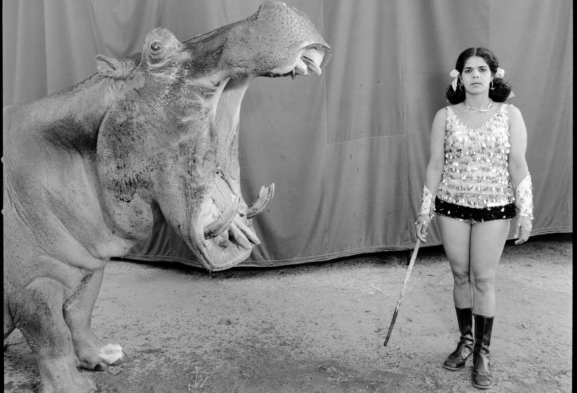 Hippopotamus and Performer / Nilpferd und Dompteuse, Great Rayman Circus, Madras, Indien 1989.