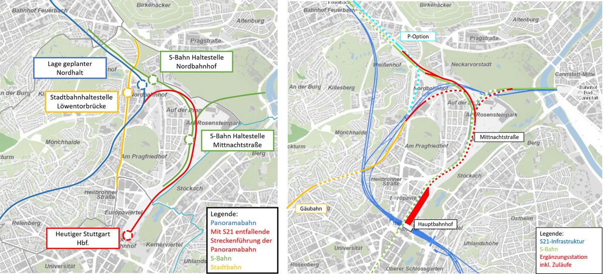 Künftige Panoramabahnführung: bis zu einem Nordhalt (links) oder bis zu einem Ergänzungsbahnhof? Grafiken: VM Baden-Württemberg