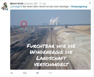 Dieser Twitternutzer kommentiert die angebliche Verspargelung der Landschaft durchaus ironisch. Screenshot