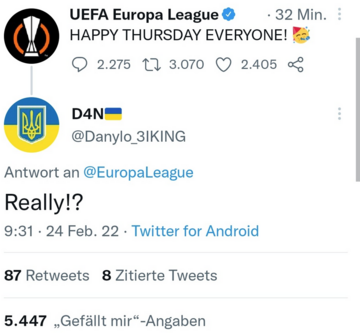 Die UEFA am Tag des Kriegsbeginns. Screenshot: Twitter Die UEFA am Tag des Kriegsbeginns. Screenshot: Twitter